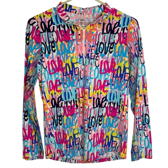 IBKUL Tops - IBKUL Love Print Mock Neck Sun Shirt XS Mesh Underarm Cooling Athleisure